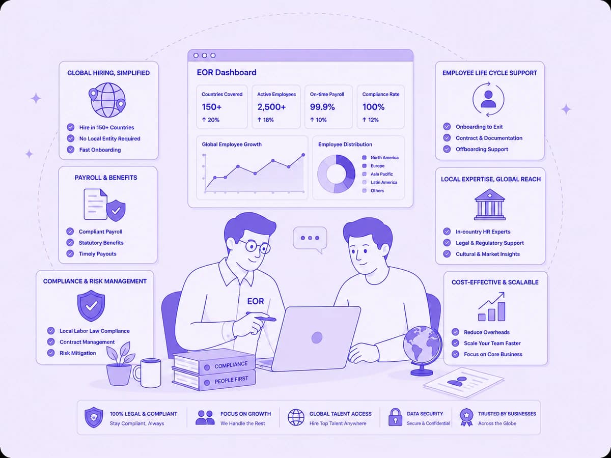 Employer of Record overview: two colleagues at an EOR dashboard showing global hiring, payroll and benefits, compliance and risk, employee life-cycle support, local expertise and cost-effective scaling