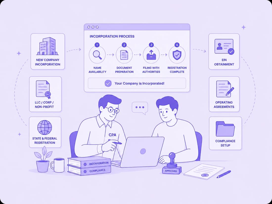 A Fincent CPA walking a founder through the incorporation process: name availability, document preparation, state filing, EIN, and compliance setup