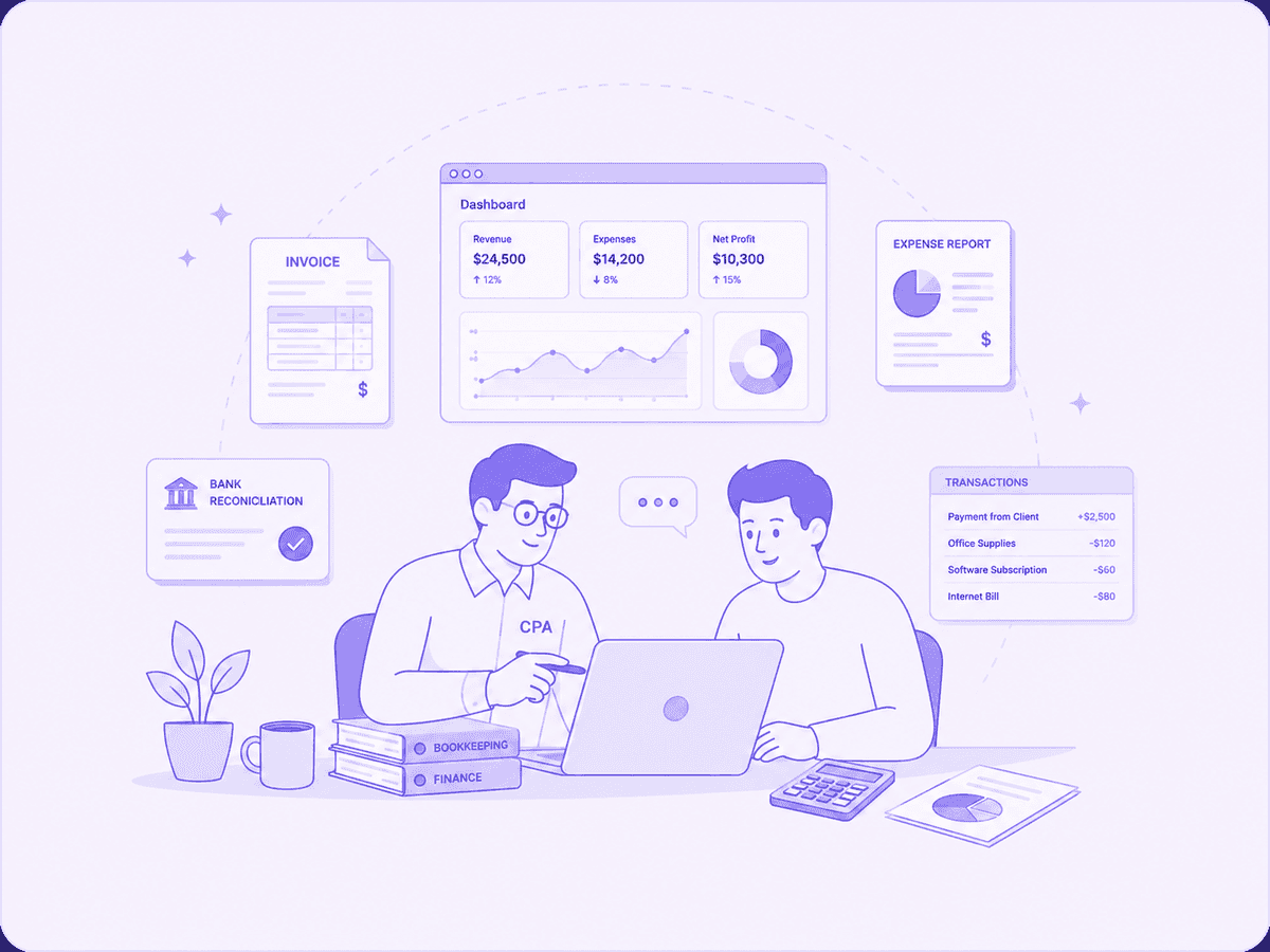 A CPA and a business owner reviewing books together, with a dashboard, invoice, bank reconciliation, and reconciled transactions
