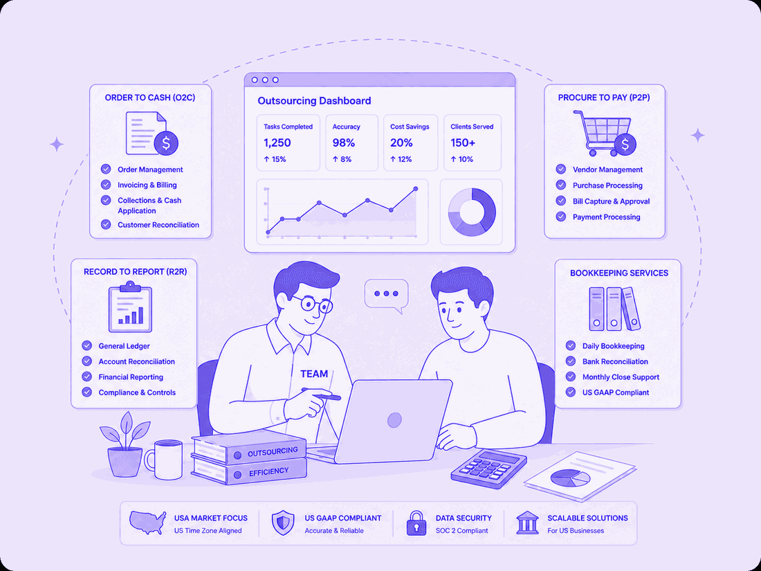 Fincent US outsourcing team reviewing an outsourcing dashboard with O2C, P2P, R2R, and Bookkeeping workstreams, US GAAP-compliant, SOC 2 secure, scaled for US businesses